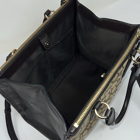 Coach Jacquard Logo and Brown Leather Satchel Shoulder Crossbody Bag - Picture 14 of 16